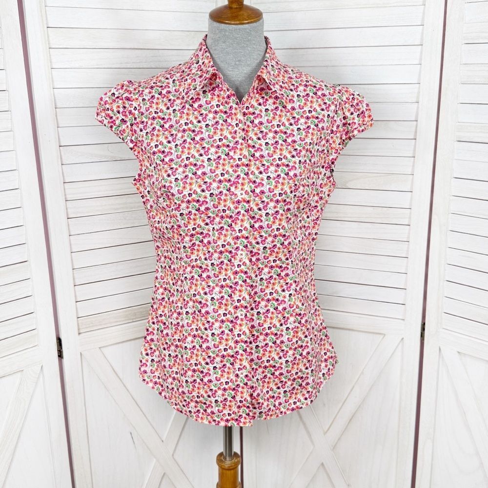 Lilly Pulitzer Cottagecore‎ Floral Cap Sleeve Button Up Shirt White Pink 8